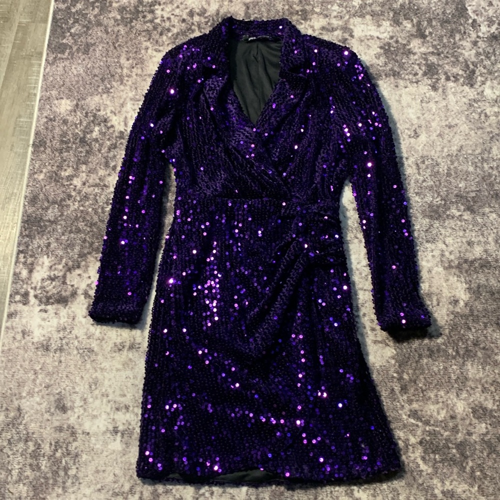 Zara Purple Sequins Brazer Faux Wrap Mini Dress Size Small‎ Bloggers Fave